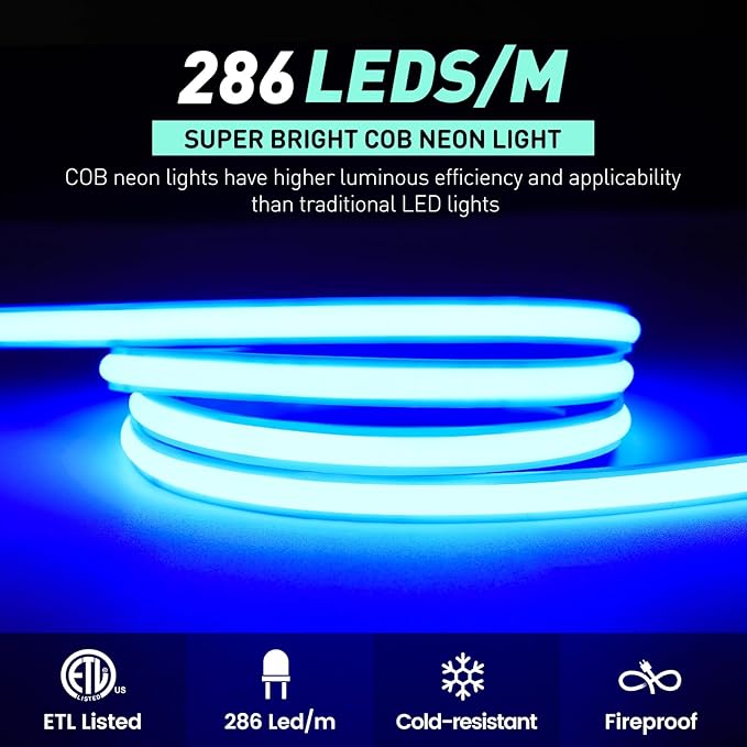 GZBtech Silicone COB Neon Rope Lights 16.4FT/5M, Super Bright Blue Waterproof Neon Strip Light, AC 110-120V Flexible Soft Cuttable Tape Rope Lighting for Indoor Outdoor Home Commercial