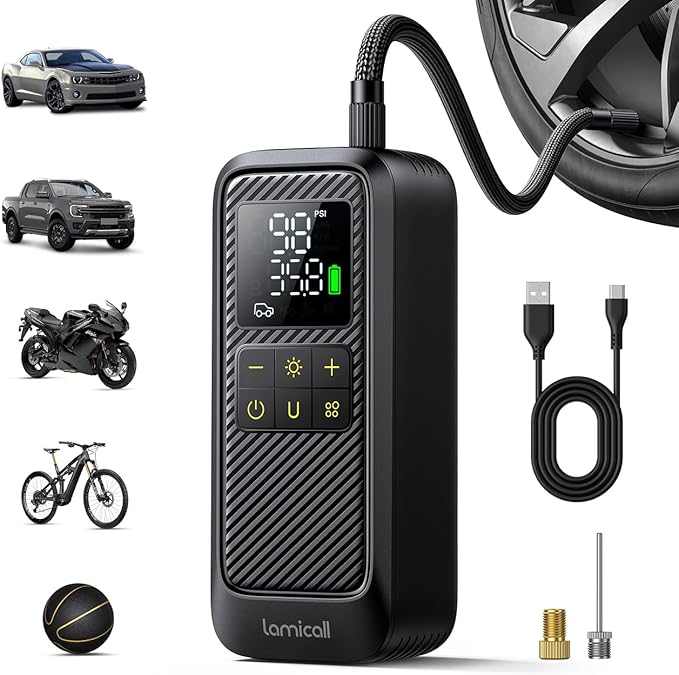 Tire Inflator Portable Air Compressor - Lamicall [5X Faster] [150 PSI] [Rechargeable] Car Air Pump, Digital Display Pressure Gauge, LED Light, Cordless Pump for Car, Bike, Motorcycle, Ball