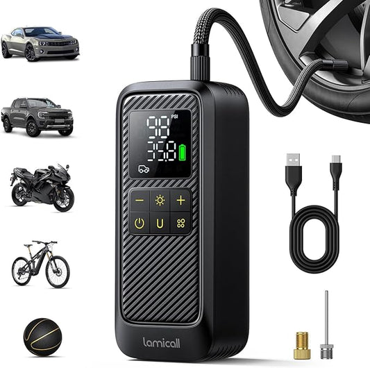Tire Inflator Portable Air Compressor - Lamicall [5X Faster] [150 PSI] [Rechargeable] Car Air Pump, Digital Display Pressure Gauge, LED Light, Cordless Pump for Car, Bike, Motorcycle, Ball