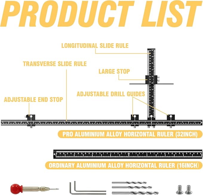 Extended Cabinet Hardware Jig Kit, 32-inch & 16-inch Detachable MAX Cabinet Handle Jig with Auto Center Punch, Aluminium Alloy Cabinet Handle Template Drill Guide, Drawer Pull Jig for Handle Knob Pull