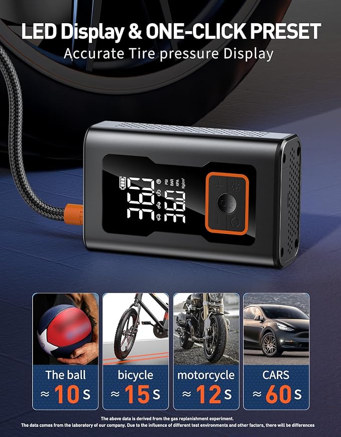 Tire Inflator Portable Air Compressor,Portable Tire Inflator for Car,Compact Air Pump for Car Tires,Bicycle,Ball,Rechargeable Air Pump with Digital Pressure Gauge and LED Lighth