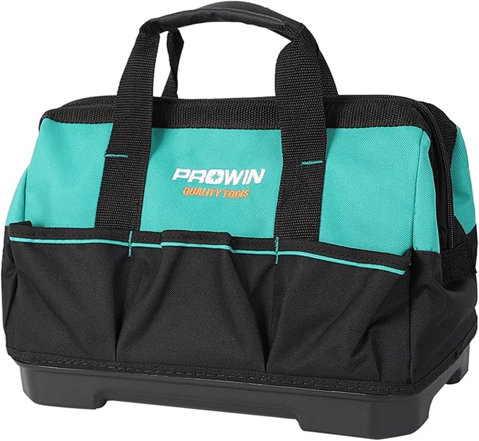 Prowin 14-inch Tool Bag, Multi-pocket Tool Organizer with Plastic Waterproof Bottom, Wide Mouth Tool Tote Bag with Inside Pockets for Construction, Carpentry, Gardening, Electrician, DIY