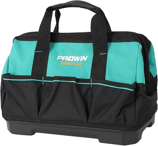 Prowin 14-inch Tool Bag, Multi-pocket Tool Organizer with Plastic Waterproof Bottom, Wide Mouth Tool Tote Bag with Inside Pockets for Construction, Carpentry, Gardening, Electrician, DIY