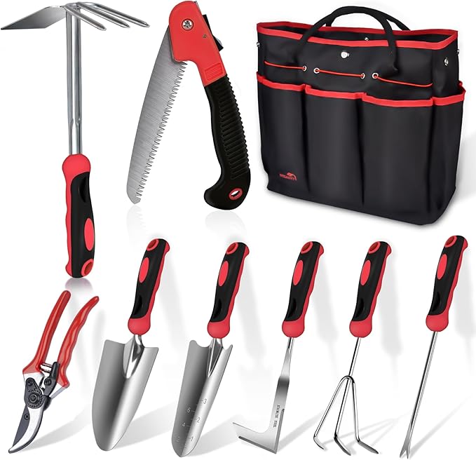 Red Gardening Tools, WisaKey 9 Piece Stainless Steel Heavy Duty Garden Tools with Non-Slip Ergonomic Handle, Garden Tote Bag, Garden kit, Gardening Gifts for Women and Men