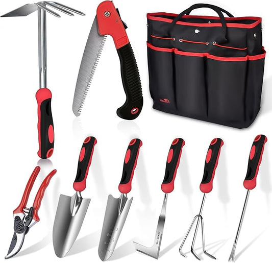 Red Gardening Tools, WisaKey 9 Piece Stainless Steel Heavy Duty Garden Tools with Non-Slip Ergonomic Handle, Garden Tote Bag, Garden kit, Gardening Gifts for Women and Men
