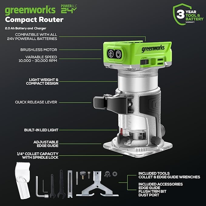 Greenworks 24V Brushless 3-Tool Combo Kit,Cordless Jigsaw+Compact Wood Router+Orbital sander Power Tool Sets Including 2 Batteries