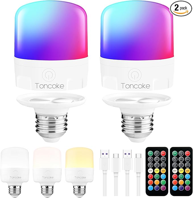 Rechargeable Light Bulbs with Remote, Timer, 3 Color Temperatures & RGB, E26 Battery Operated for Lamps Detachable Wireless Emergency Light Bulbs, Non-Hardwired, 2 Packs