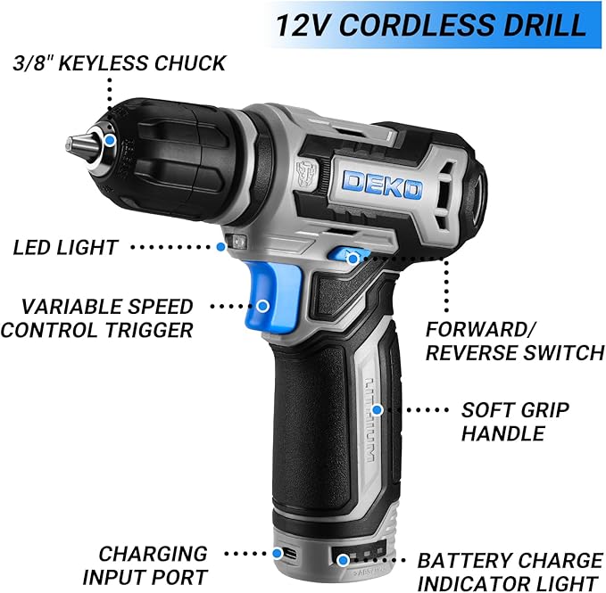 Tool Set: Tool Kit with 12V Cordless Drill, Hand Toolbox with storage case, Mechanic Tool set for Home Repairs, Blue