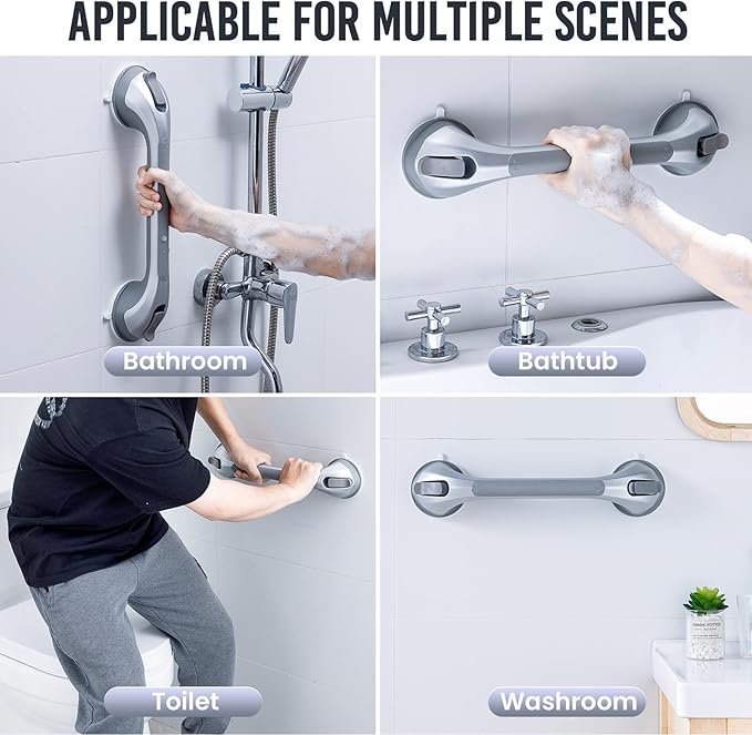 TAILI Shower Grab Bar 2 Pack 16 Inch Suction Grab Bars for Bathtubs & Showers, Heavy Duty Shower Handle Removable Shower Handrails for Elderly and Seniors, No Drilling Waterproof, Silver