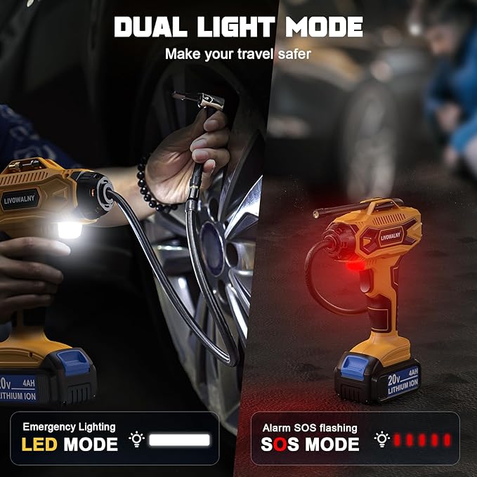 Cordless Tire Inflator Air Compressor Compatible With Dewalt 20V Max Battery: LIVOWALNY Portable Handheld Air Pump with Digital Pressure Gauge for Cars Motorcycles Bikes Sport Balls Auto