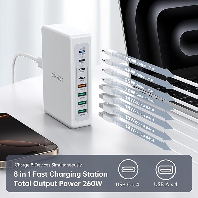 2025 Latest Charging Station, 260W USB C Charger Block, GaN III 8-Port Fast Type C Charging Hub, 100W Laptop Power Adapter for MacBook Pro/Air, Dell XPS, Steam Deck, iPad Pro, iPhone 17/16, Galaxy S25