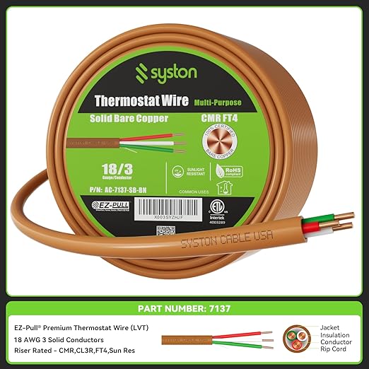Syston 18/3 Thermostat Doorbell HAVC Heating Control Cable Wire, 100% Solid Copper Conductors CL3R/FT4/CMR Riser-Rated UL/ETL Listed, UV Resistant RoHS for Indoor/Outdoor Low Voltage Applications Use