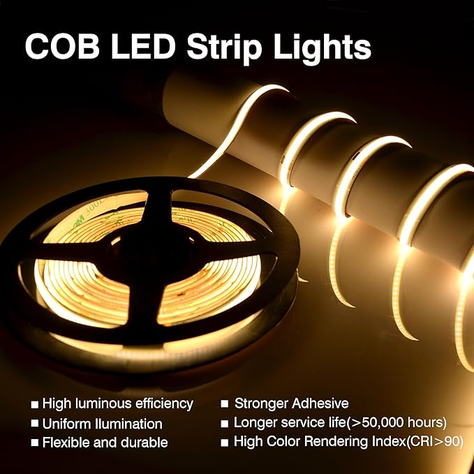 COB LED Strip Lights Warm White,24V Dimmable led Light Strip KIT with Remote and app Control,3000K 24FT/7.5m 8mm Wide Ra>90 Cuttable Flexible Strip Lights for Bedroom,Shelf,Cabinet