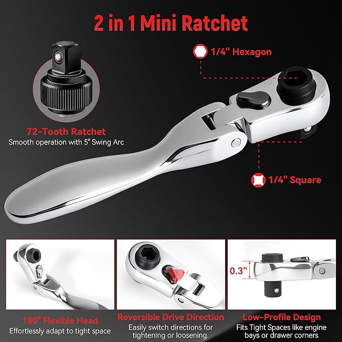 1/4" Socket Set, 43pcs Mini Ratchet Set, Metric Socket Wrench Set with S2 Bits, Small Ratchet, Compact Mechanic Tool Set for Car, Home & DIY Repairs(43pcs)
