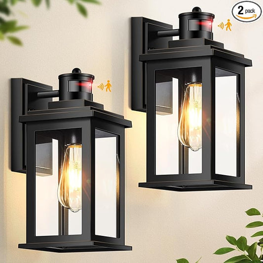 VIANIS 2 Packs Motion Sensor Outdoor Lights for House, Dusk to Dawn Front Porch Light, Black Gold Outdoor Light Fixture Sconce with Tempered Glass for House, Doorway, Entryway,Hardwired, Non-Solar