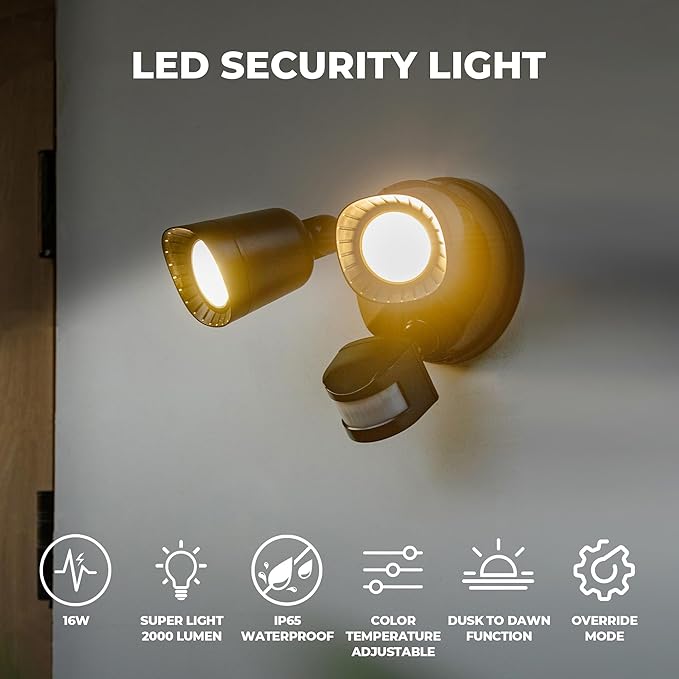 LED Motion Sensor Outdoor Light, 16W 2000LM 3000/4000/5000K Adjustable, 3CCT IP65 Waterproof Flood Lights, 3 Head Dusk to Dawn Motion Detected Security Light for Patio, Garage, Yard(Black)