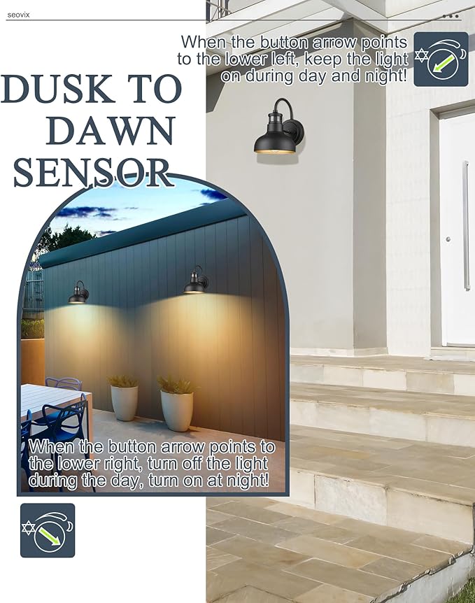 2Pack 7” Motion Sensor Outdoor Wall Light, Outdoor Light Fixture Dusk to Dawn E26 Base Socket, IP65 Waterproof Outside Porch Lights for Garage, Porch, 2210SBK(G)-2