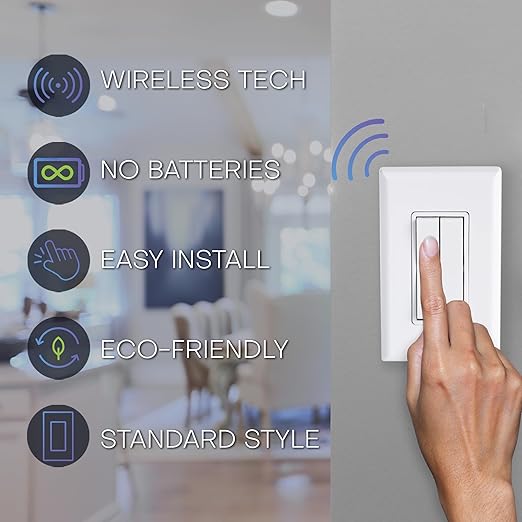 RunLessWire Fan & Light Battery-Free DIY Wireless Light Switch Kit 150ftRF Range Kinetic for Bathrooms & Ceiling Fans: 1 Dual Remote Switch Controls 2 5A On/Off Receivers Separately – White