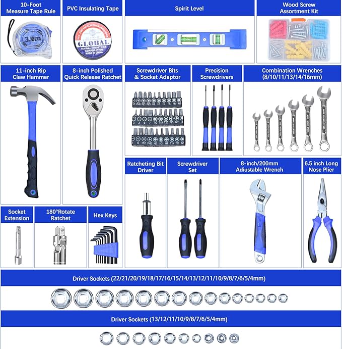 jar-owl Home Tool Kit Tool Set 146 Pieces Metric Household Hand Tool Kit，Auto Repair Tool Set with Portable Toolbox for Homeowner, Diyer, Handyman