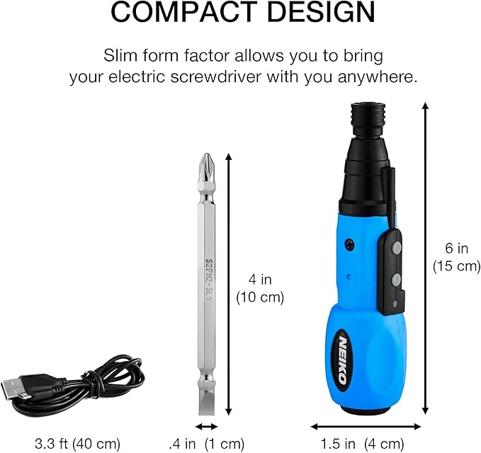 NEIKO 10577A Cordless Power Screwdriver | 1/4” Hex Auto-Lock Safety Chuck | Includes Phillips and Flathead Bit | USB Rechargeable Lithium-Ion Technology | Auto and Manual Mode