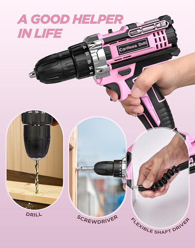 Drill, 21V Cordless Drill with Dual 2.0Ah Power Pack and Charger, Electric Power Drills Set, 3/8 Inch Chuck, 25+1 Torque, 2 Speed 29 Accessories Tool for DIY, Gifts