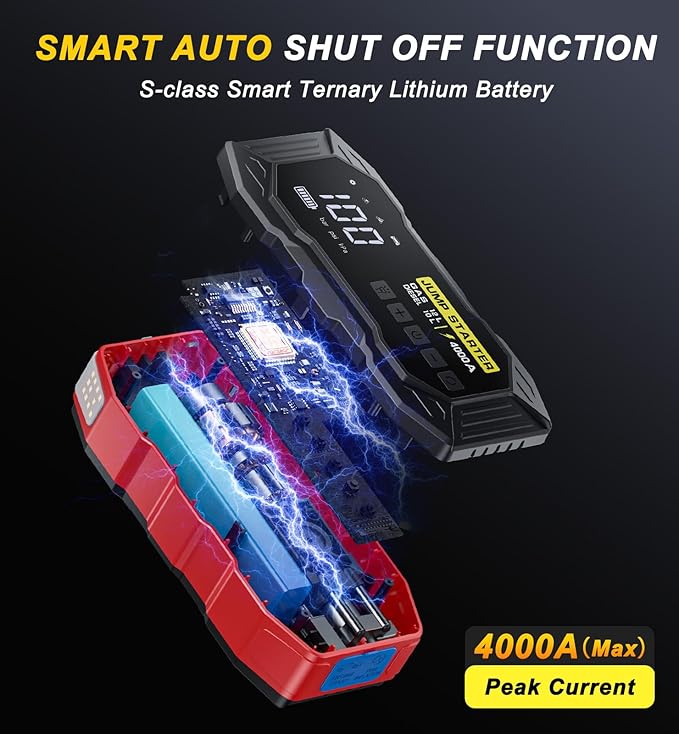 Jump Starter with Air Compressor, Portable Car Battery Jump Starter(12 Gas/10L Diesel), 4000A Peak 160PSI 12V Automobile Jump Box Pack Chargers with Jumper Cables, 4-Mode LED Lights, LCD Display