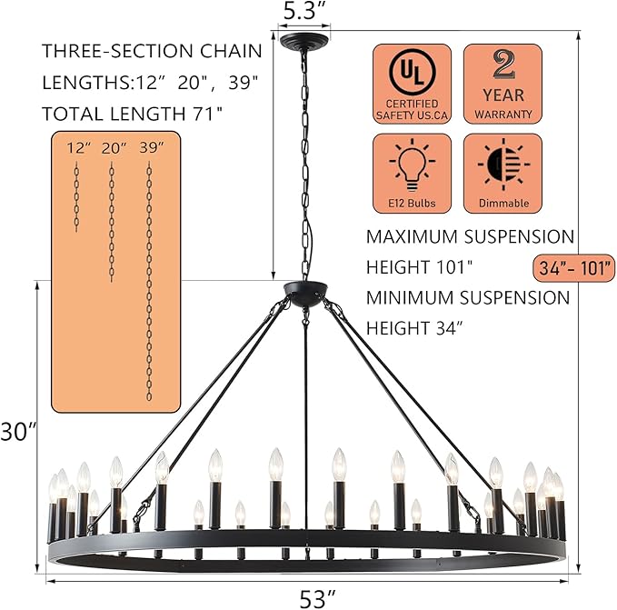 Large Farmhouse Wagon Wheel Chandelier 53",30-Light Black Round Rustic Ceiling Pendant Lighting Fixture,Industrial Chandeliers for high Ceilings Outdoor Porch Living Dining Room Kitchen Foyer