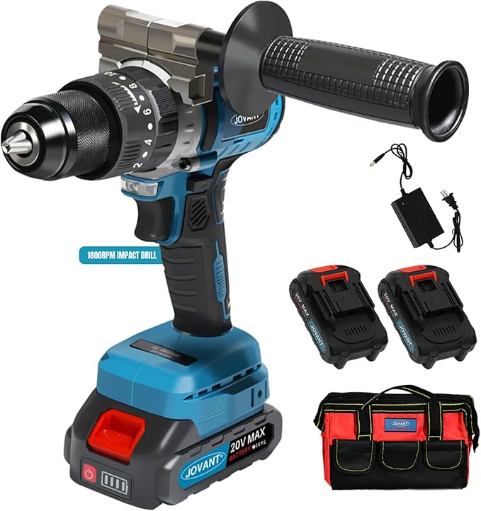 20V Max Cordless Hammer Drill, 1/2" Keyless All Metal Chuck Brushless Impact Drill, Compact Driver Drills for Metal, Wood, Thick Concrete -JOVANT (2 Batteries)