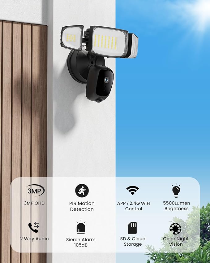 Olafus Floodlight Camera Outdoor – 2K QHD Security Cam with Motion-Activated Flood Lights, Custom Detection Zones, Color Night Vision, 2-Way Talk & 55W Dimmable Lighting Black