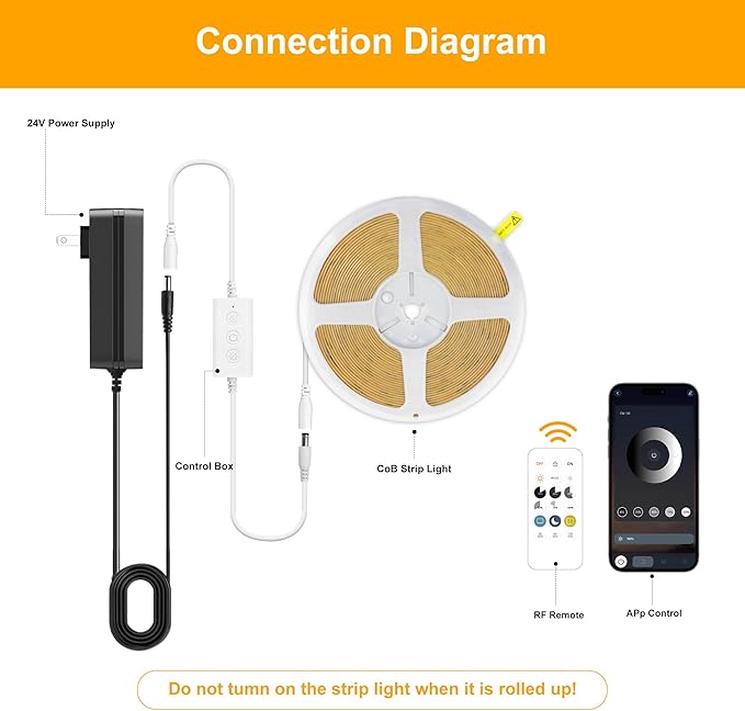 COB LED Strip Lights Warm White,24V Dimmable led Light Strip KIT with Remote and app Control,2700K 24FT/7.5m 8mm Wide Ra>90 Cuttable Flexible Strip Lights for Bedroom,Shelf,Cabinet