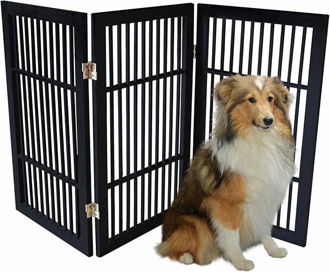 Pet Dog Gate Strong and Durable Freestanding Folding Acacia Hardwood Portable Wooden Fence Indoors or Outdoors by Urnporium (Black Pet Gate, 3 Panel 30" Tall)