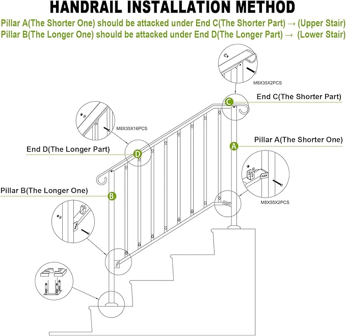 Adjustable Handrails for Outdoor Steps, Handrail Picket #3 Fits 3 or 4 Steps, Mattle Wrought Iron Handrail, Stair Rail with Installation Kit for Outdoor Steps
