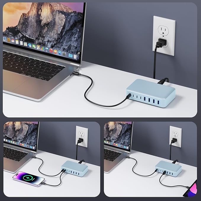 200W USB C Charger Block, GaN III 8-Port USB C Fast Charging Station PPS PD 65W Laptop Charger Adapter Compatible with MacBook Pro/Air,DELL,HP Surface,iPhone 16/15/Pro/14/13,Galaxy,Steam Deck-Blue