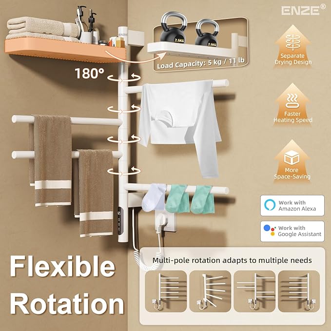 ENZE Smart Rotating Heated Towel Rack for Bathroom, Wall-Mounted Electric Towel Dryer with Swivel Bars & Shelf, Smart Timer, Low Carbon Steel, Plug-in/Hardwired, Towel Warmer with Wi-Fi App Control
