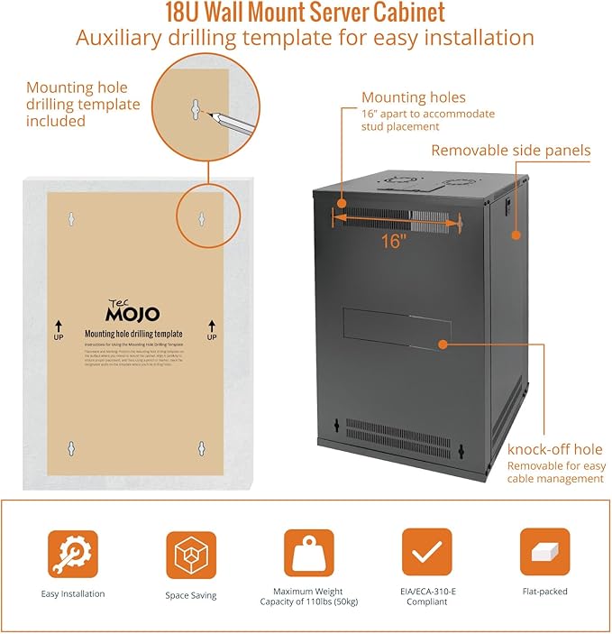 Tecmojo 18U Wall Mount Rack Network Cabinet for 19" IT Equipment,with Lockable Glass Door and Side Panels,Cooling Fan,Black,17.7inch Depth for AV/Computer/Electronics Equipment Data Rack