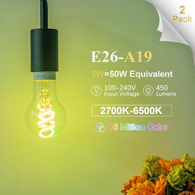 DiCUNO Smart Edison Bulb A19, Color Changing WiFi Smart Light Bulb, Vinatge A60 Filament Bulb Compatible with Alexa & Google, Dimmable with App, 50 Watt Equivalent 450LM, No Hub Required, 2 Pack
