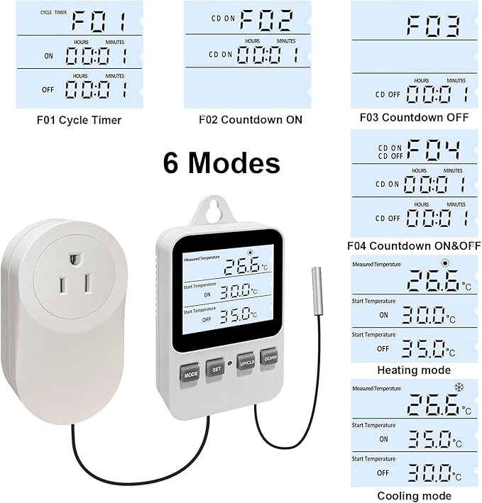 Digital Plug in Thermostat Outlet Socket, Heating Cooling Electric Temperature Controller, Heater Cooler Switch with Sensor, for Incubation Heat Mat Reptile Greenhouses Terrarium, 120V 15A