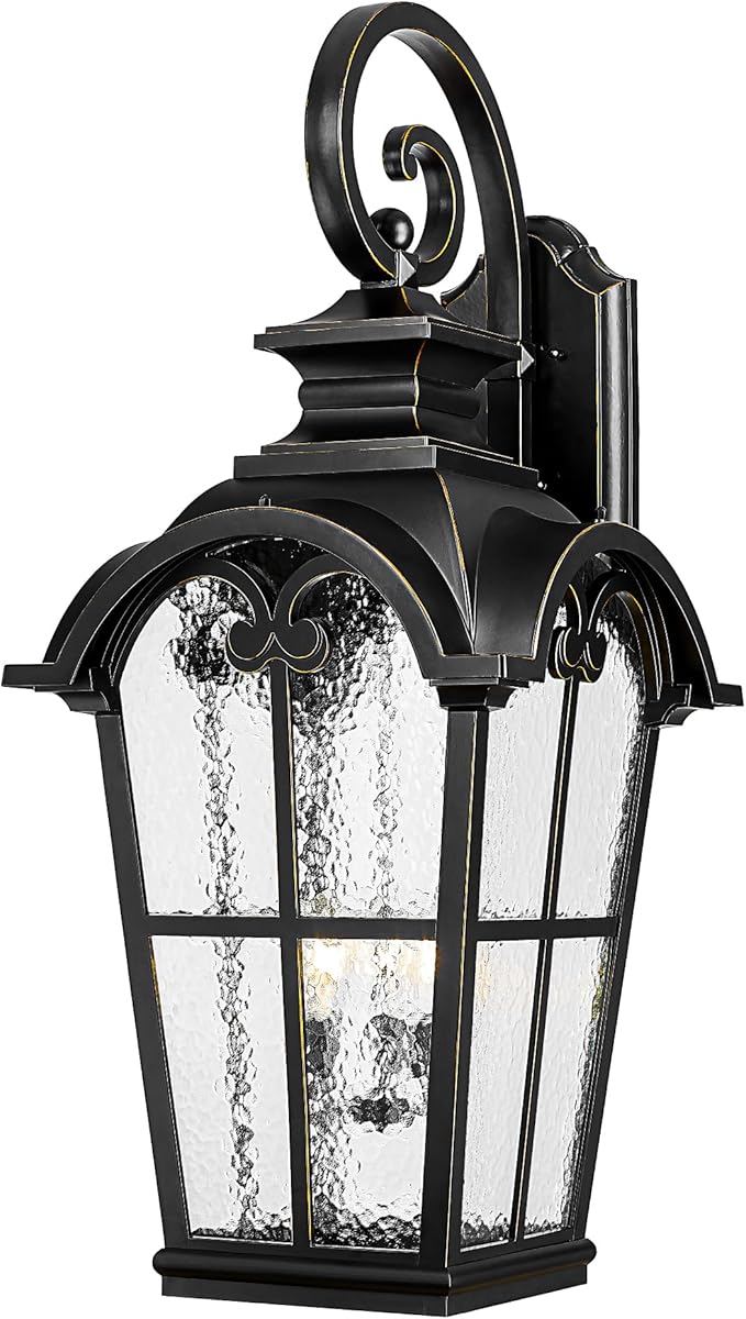Emliviar 48 Inch Vintage Outdoor Light Wall Mount, 3-Light Extra Large Exterior Light Fixture for Porch with Water Glass Shade, Black Finish with Gold Edges, WE215B-XB BG