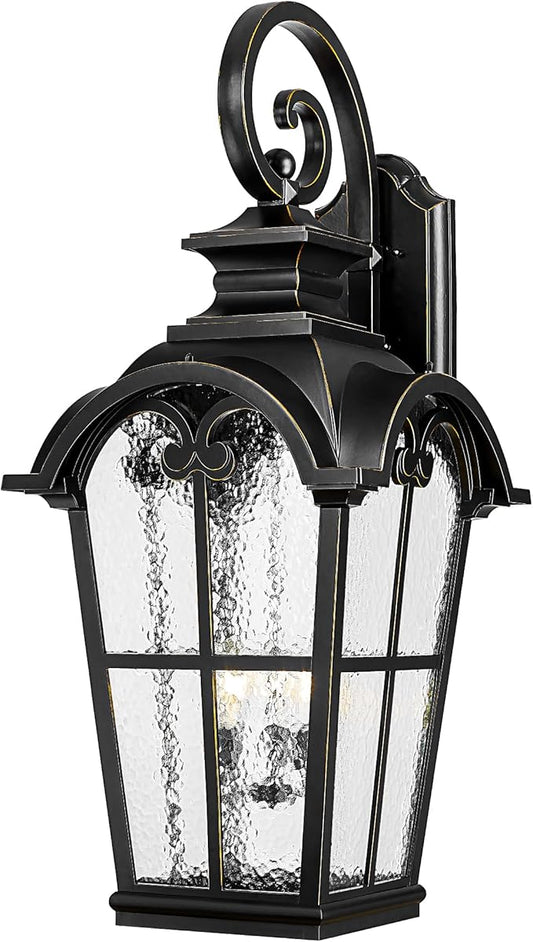 Emliviar 48 Inch Vintage Outdoor Light Wall Mount, 3-Light Extra Large Exterior Light Fixture for Porch with Water Glass Shade, Black Finish with Gold Edges, WE215B-XB BG