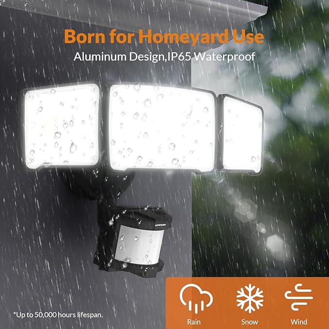 LEPOWER LED Motion Sensor Security Lights, 3 Head Motion Detected, 38W, 4200LM, Waterproof IP65, 5500K, Full Metal for Outdoor, Garage, Porch, Yard (Black)