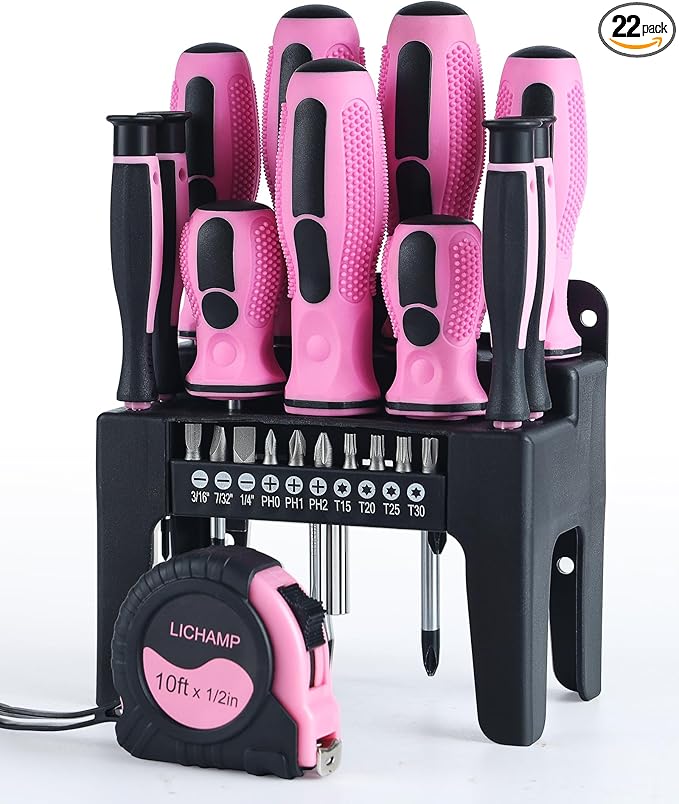 Lichamp 22-Piece Pink Tool Set, Small Magnetic Screwdriver set for Women with 10ft Tape Measure Pink