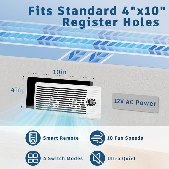 Register Booster Fan for 4" x 10" Register Holes, Smart AC Vent Booster Fans Improves Heating & Cooling with Remote and Thermostat Control,10-Speed Quiet Vents Fan for Floor Ceiling