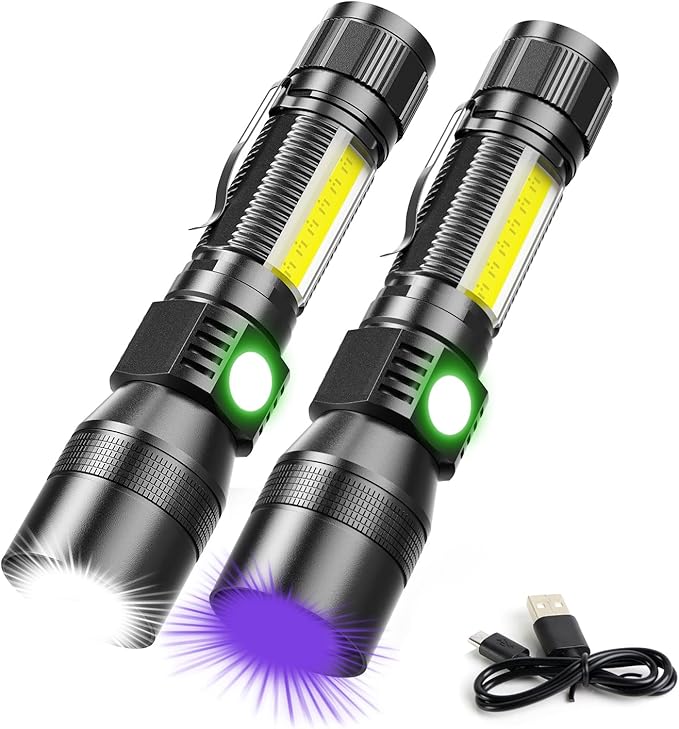 UV Flashlight Rechargeable, Black Light Flashlight with Magnet&Side Work Light 3in1 Tactical Flashlight Blacklight&Redlight, Zoomable, Waterproof LED Torch for Pet Urine Detector, Mechanics,2 Pack