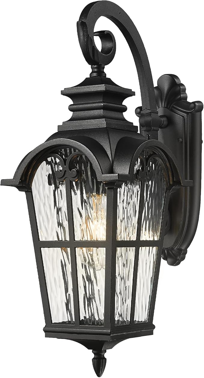 Emliviar Porch Outdoor Wall Lantern, Vintage Wall Mount Light Fixture with Water Ripple Glass, Matte Black Carriage Light for Yard, Barn, Patio, WE215BM-SW BK