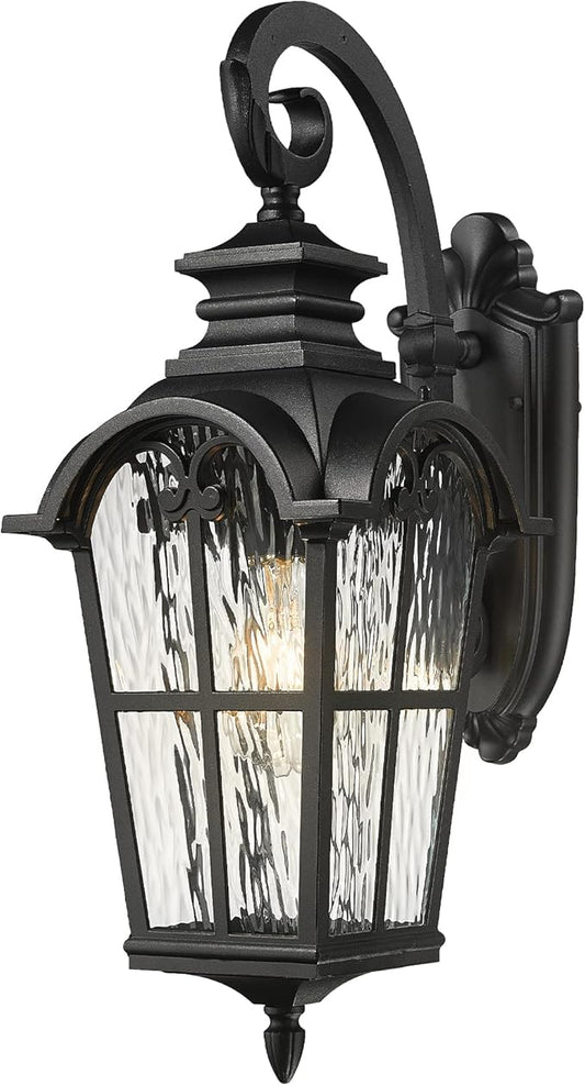 Emliviar Porch Outdoor Wall Lantern, Vintage Wall Mount Light Fixture with Water Ripple Glass, Matte Black Carriage Light for Yard, Barn, Patio, WE215BM-SW BK