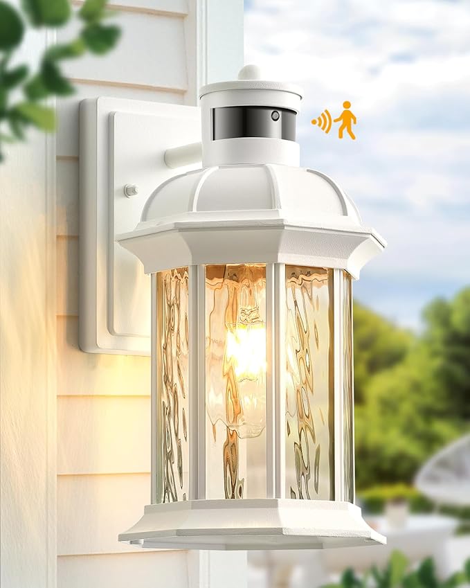 VIANIS White Motion Sensor Exterior Wall Light Lantern, Modern Dusk to Dawn Outdoor Porch Light Fixtures Wall Mount, Waterproof Outdoor Wall Sconce for Garage Entrance with Tempered Water-Ripple Glass