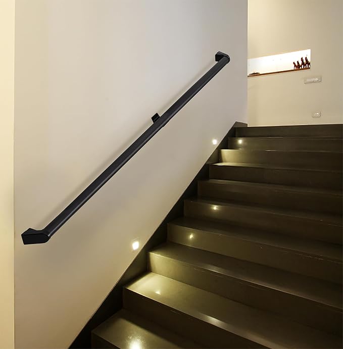14 FT Handrails for Indoor Stairs,Railings，Outdoor Stairs Handrail，Modern Aluminum Handrail Set, Wall Mounted，Wall Return Bracket More Safety, Rust Free. (Matte Black, 14 FT)