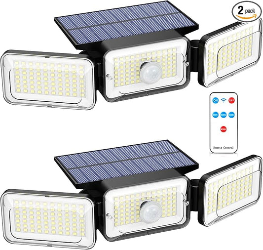Solar Lights Outdoor Waterproof, Motion Sensor & Flood Outdoor Lights with Remote Control, 4 Adjustable Modes, 3000LM & 218 LED, High-Energy-Density Solar Panel-Monocrystalline Technology, 2 Pack
