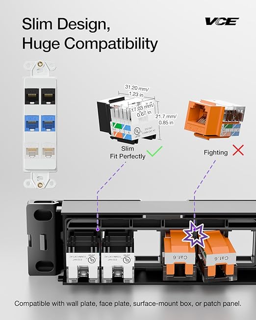 VCE RJ45 Cat6 Keystone Jacks UL Listed 50-Pack, UTP Ethernet Keystone Jacks with Keystone Punch Down Stand Tool and Wire Stripper Cutter, Black