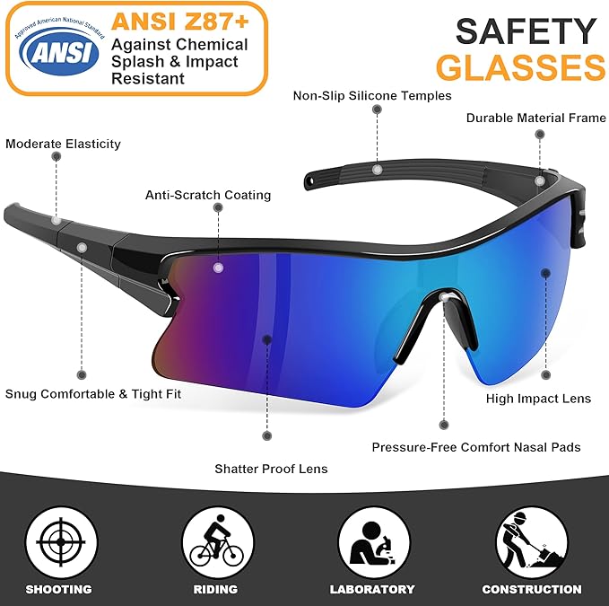 Safety Glasses Goggles for Men, Anti Scratch ANSI z87+ Compliant UV Protection Protective Eyewear Rubber Non-slip Leg
